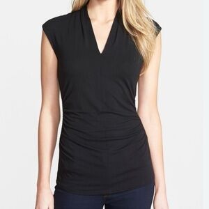 Vince Camuto Black Pull On V Neck Ruched Sides Stretchy Sleeveless Top / Shirt.